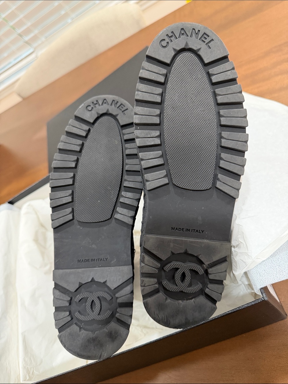 CHANEL Black Leather Platform Chelsea Booties with CC Toe Motif - Picture 10 of 12
